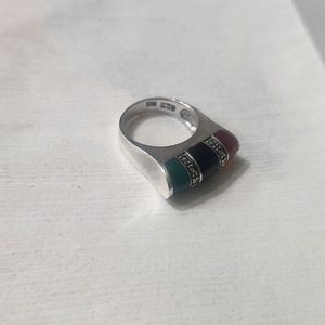 Retro Designer ND 925 Sterling Silver Green Black Onyx Carnelian Marcasite Ring